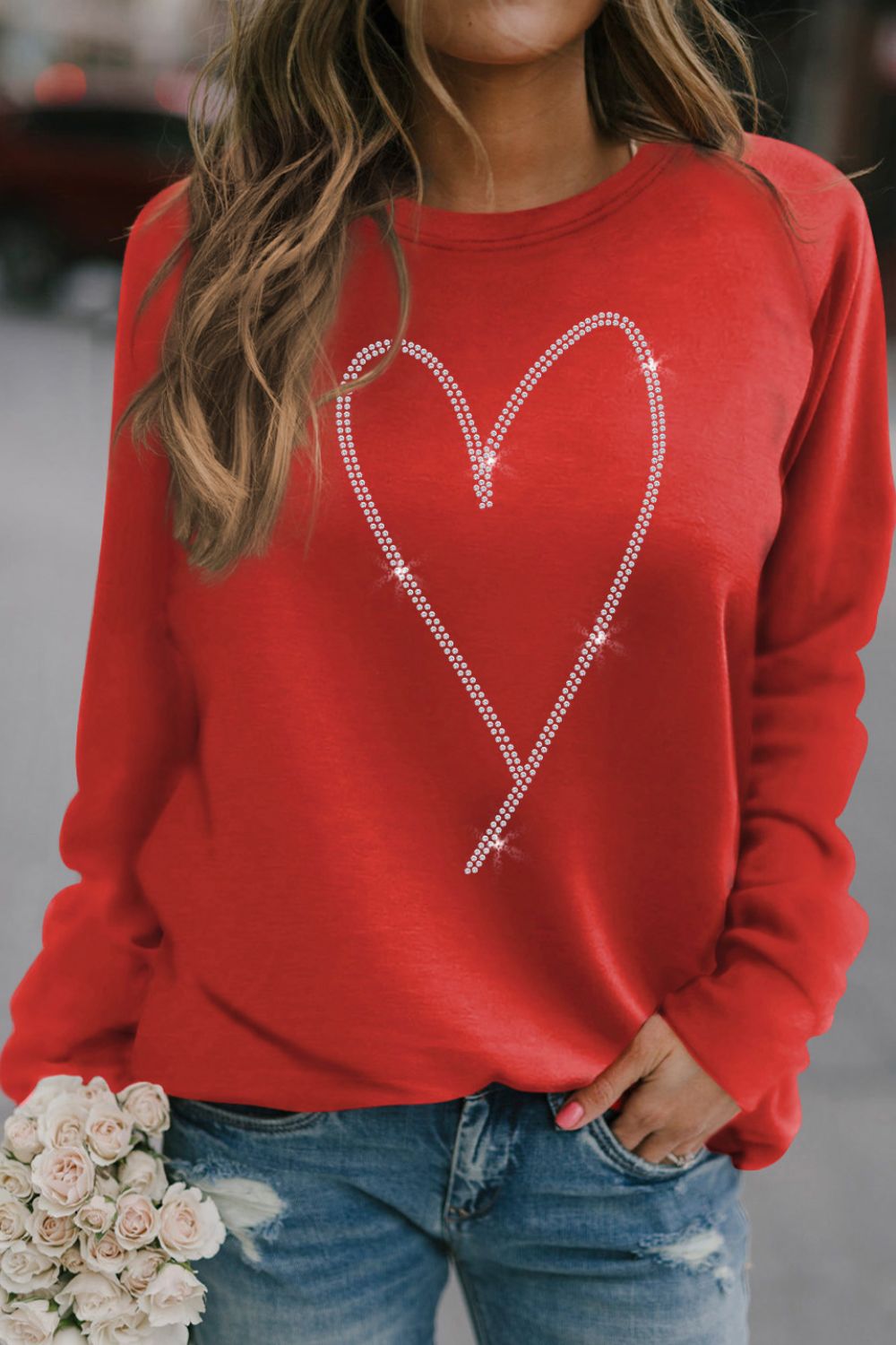 RHINESTONE HEART LONG SLEEVE SWEATSHIRT