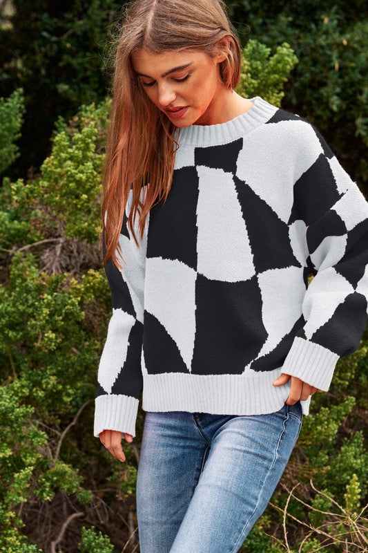 MULTI GEO CHECK PULLOVER KNIT SWEATER