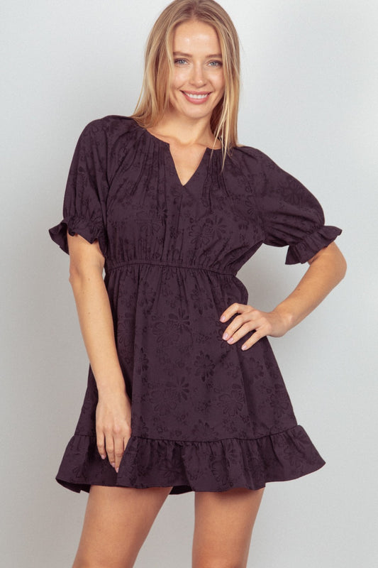 VERY J FLORAL TEXTURED WOVEN RUFFLED MINI DRESS