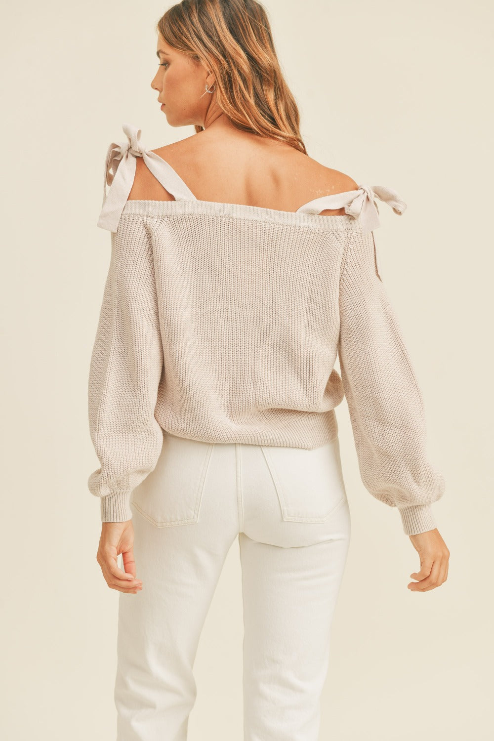 MABLE OFF THE SHOULDER SELF TIE STRAP BUTTON DOWN SWEATER