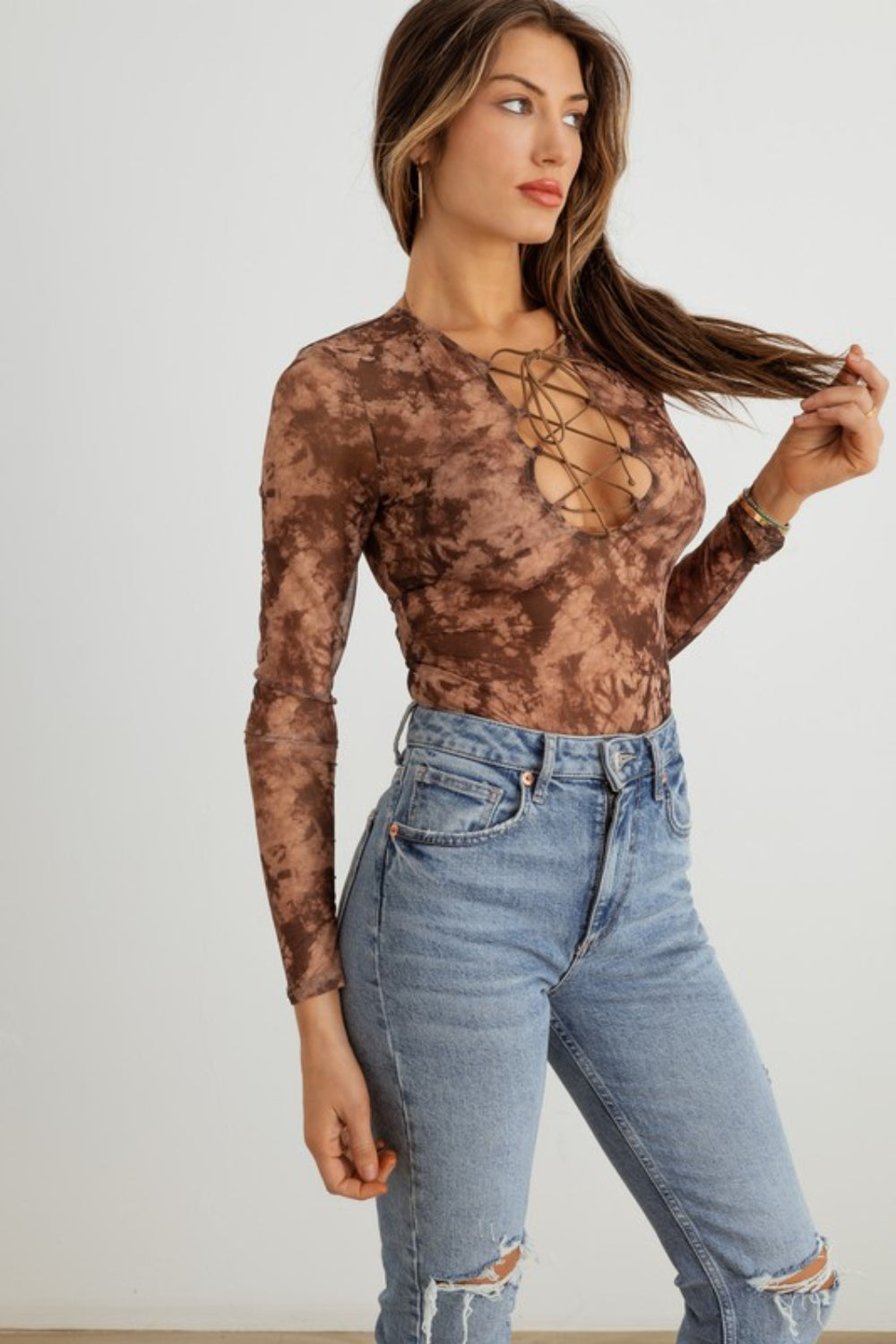 HERA COLLECTION ABSTRACT MESH LACE-UP LONG SLEEVE BODYSUIT