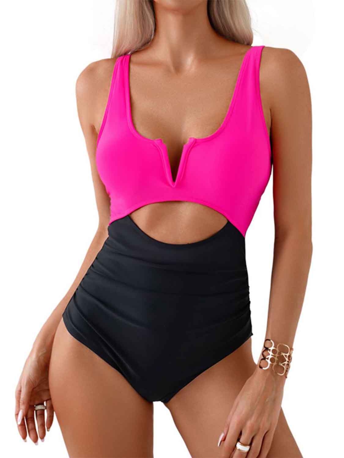 CUTOUT COLOR BLOCK ONE-PIECE SWIMSUIT