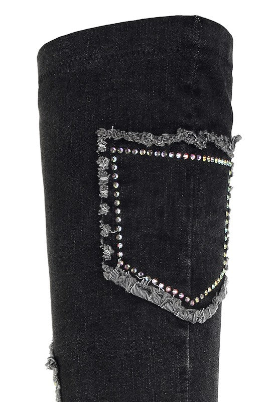 EILISH RHINESTONES KNEE HIGH DENIM BOOTS