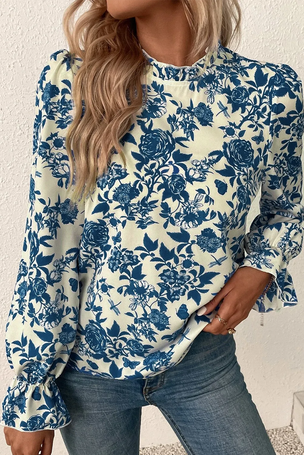 PRINTED MOCK NECK FLOUNCE SLEEVE BLOUSE