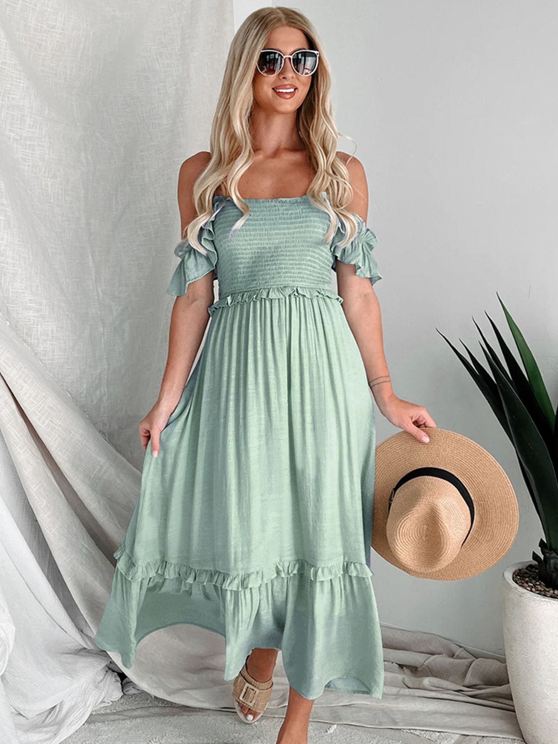 FRILL SMOCKED OFF THE SHOULDER RUFFLE SLEEVE DRESS