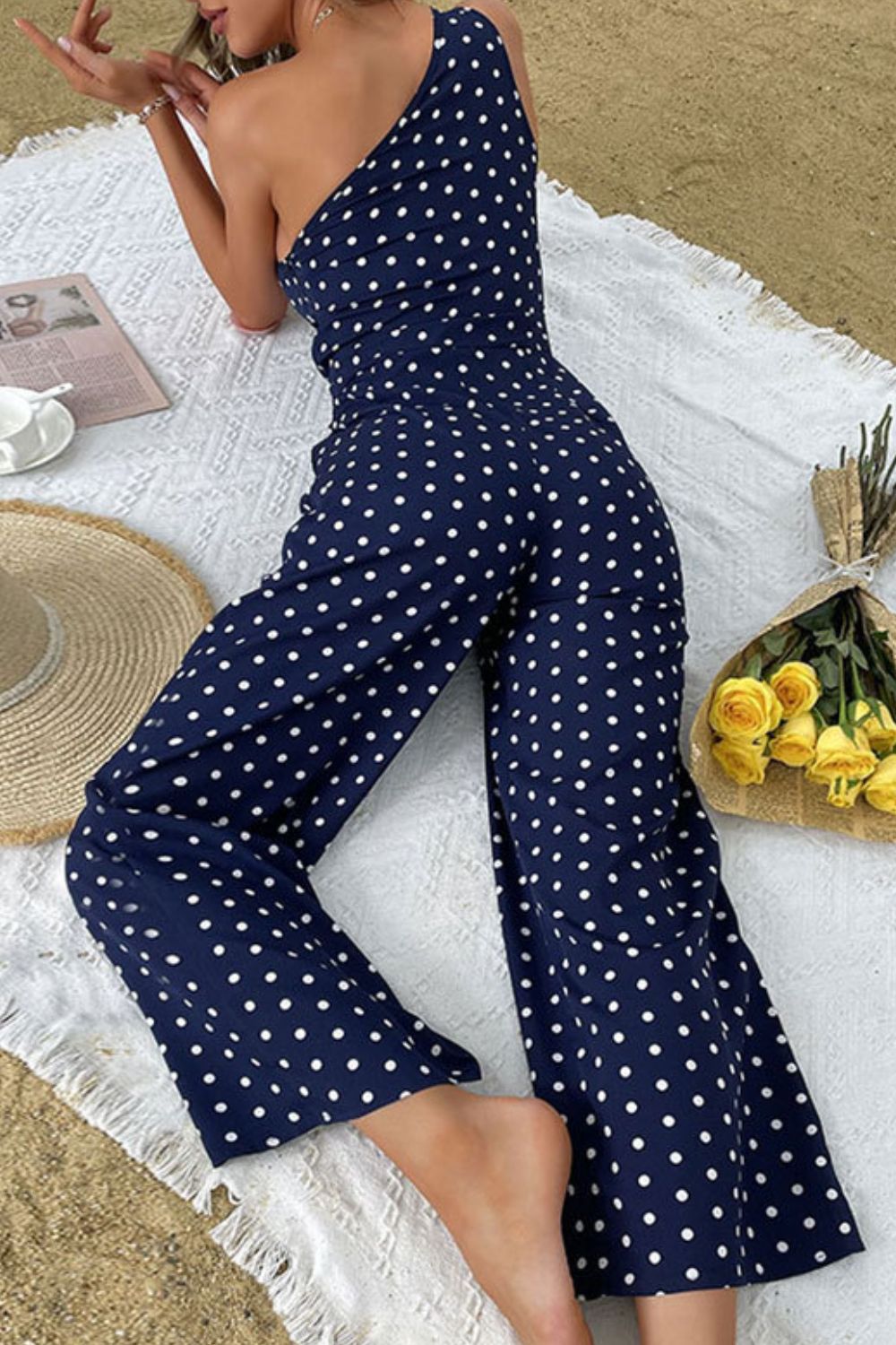 PERFEE POLKA DOT ONE-SHOULDER JUMPSUIT