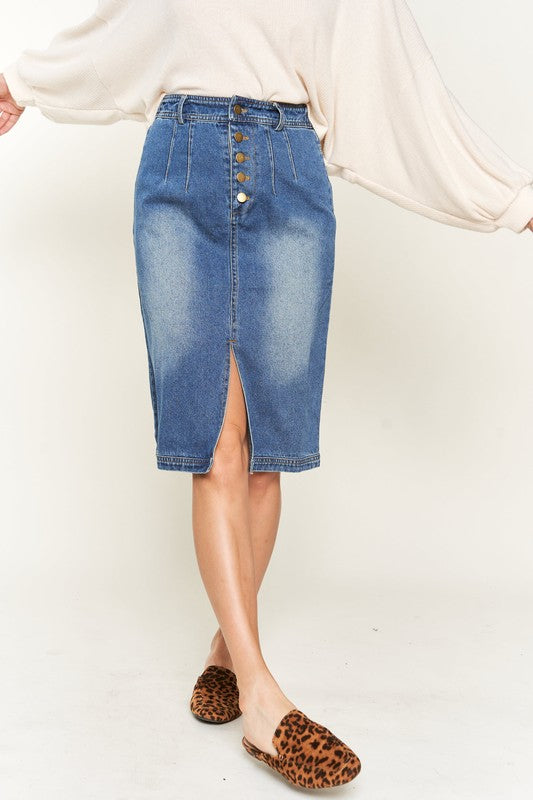 BUTTON DOWN DENIM MIDI SKIRT