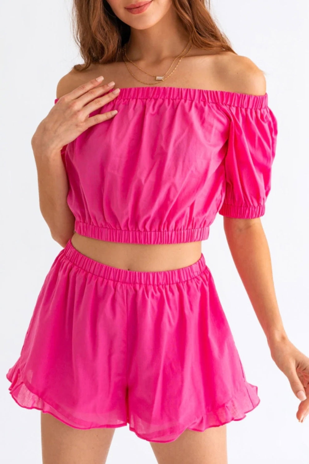 OFF THE SHOULDER CROP TOP AND RUFFLED SHORTS SET