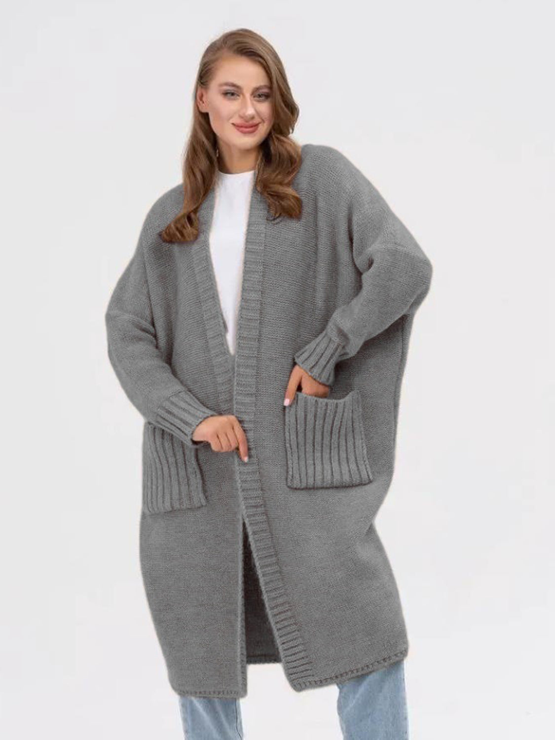 POCKETED OPEN FRONT LONG SLEEVE LONGLINE CARDIGAN