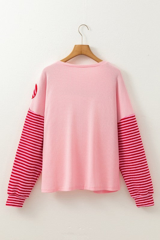 PATCH COLOR BLOCK STRIPED SLEEVE TEXTURED TOP