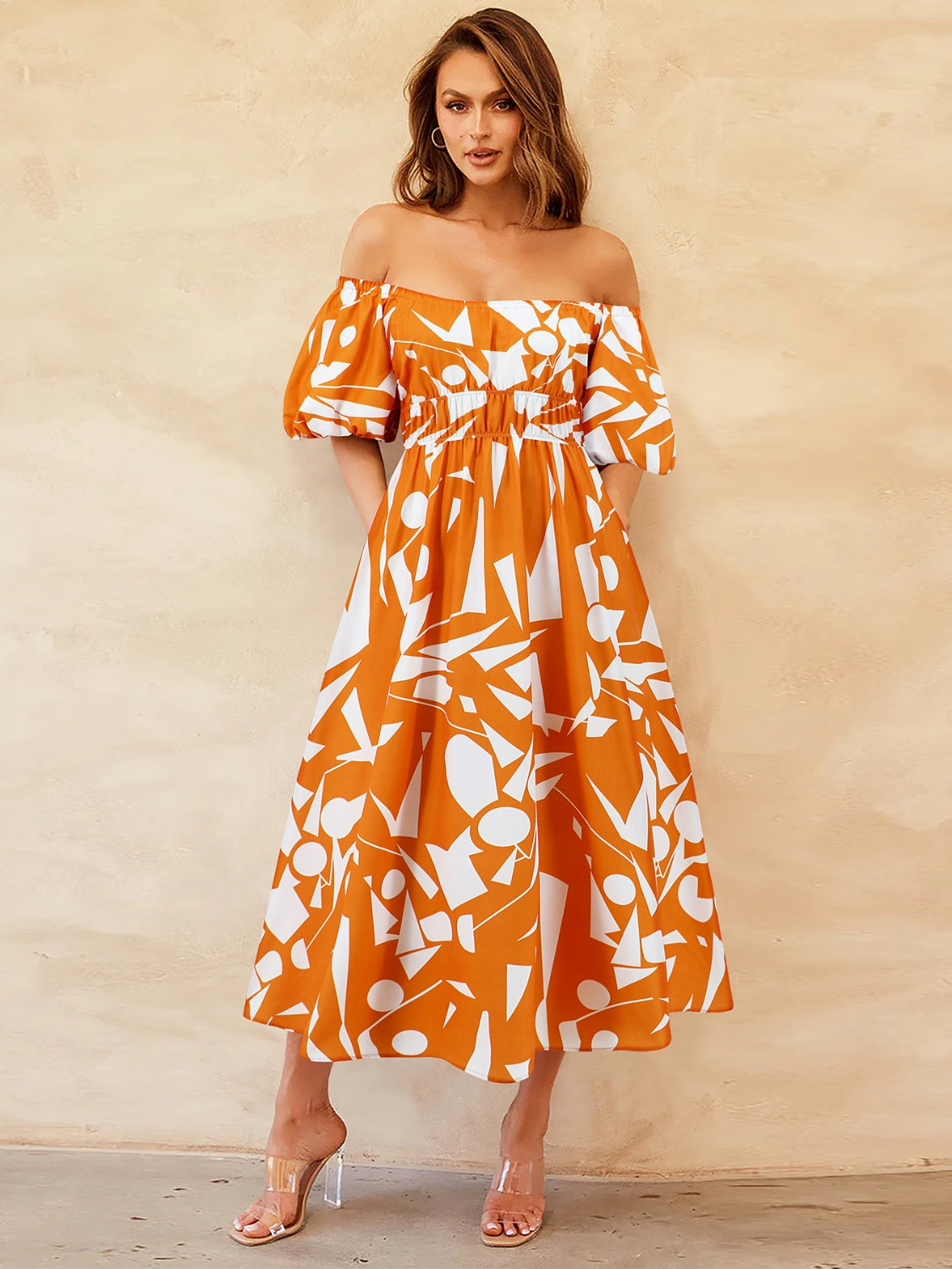 PRINTED OFF THE SHOULDER BALLOON SLEEVE DRESS