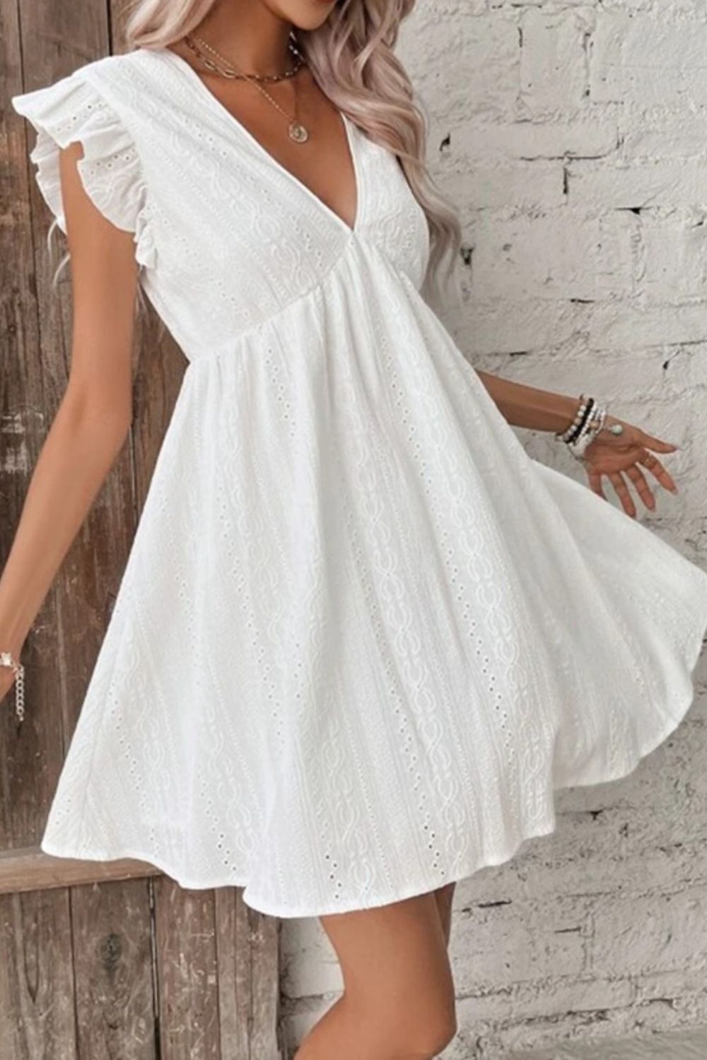 EYELET RUFFLED CAP SLEEVE MINI DRESS