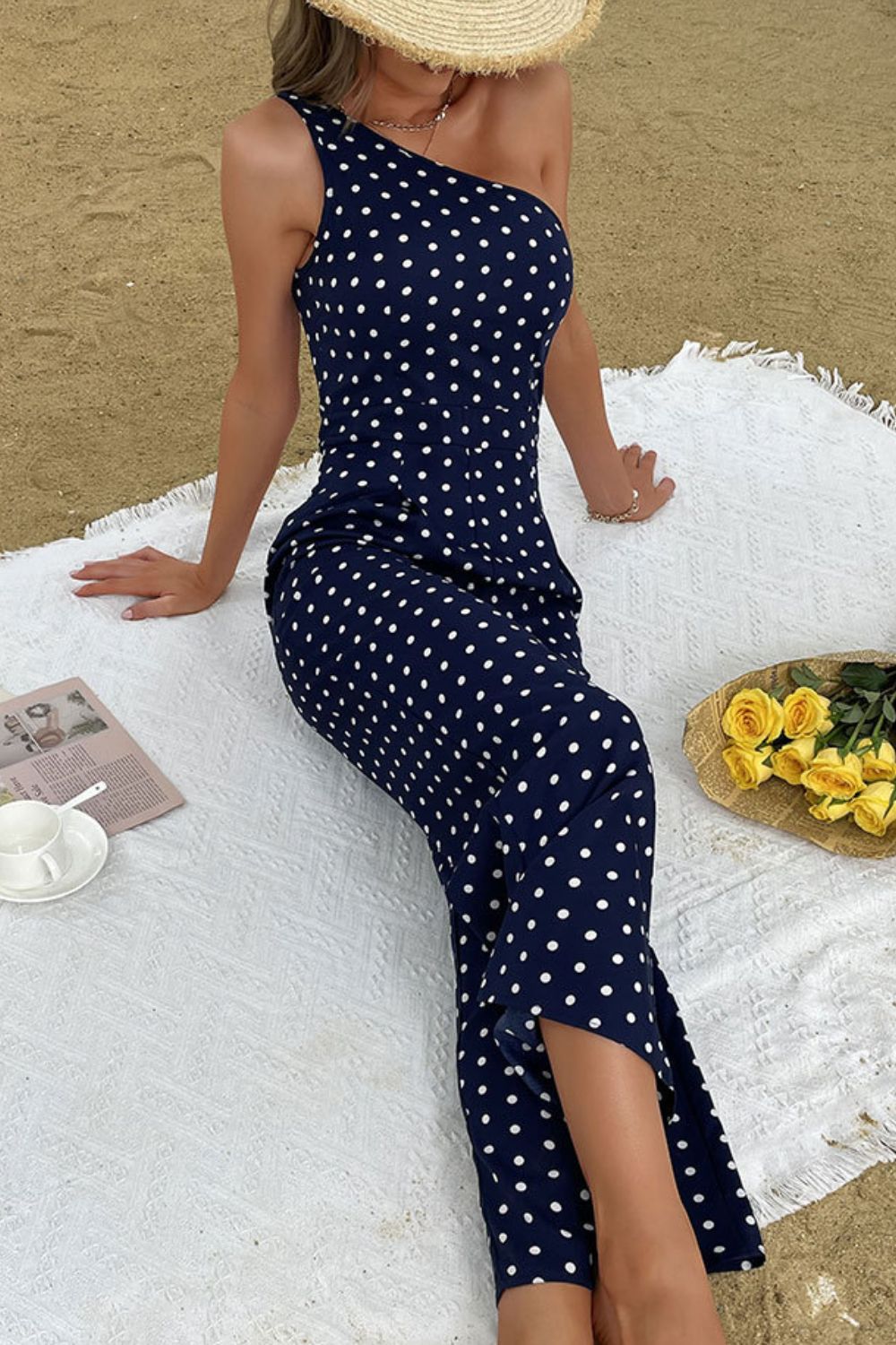 PERFEE POLKA DOT ONE-SHOULDER JUMPSUIT