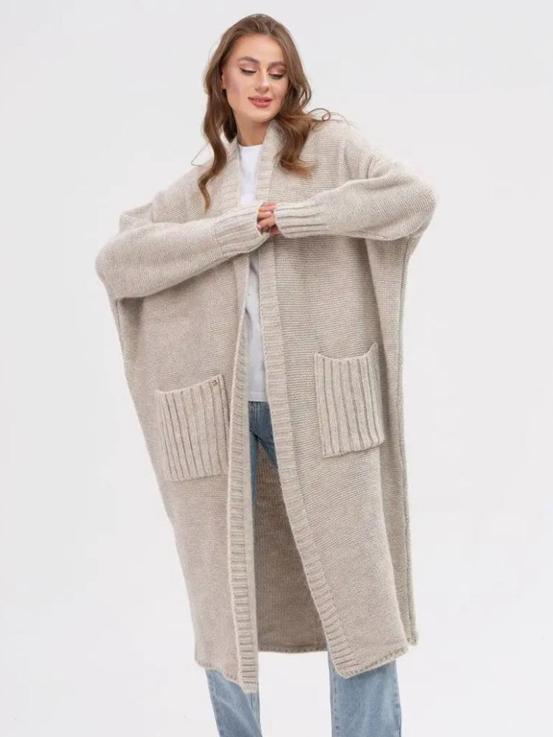 POCKETED OPEN FRONT LONG SLEEVE LONGLINE CARDIGAN