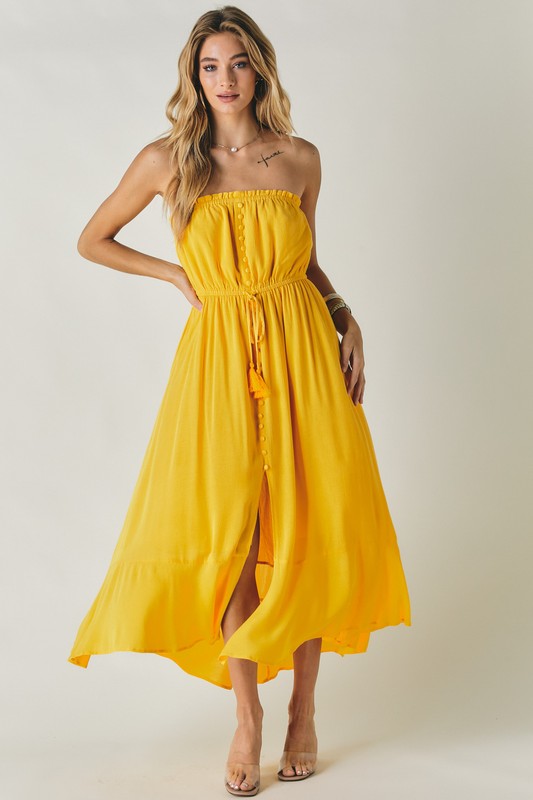 STRAPLESS BUTTON DOWN SMOCKED MIDI DRESS