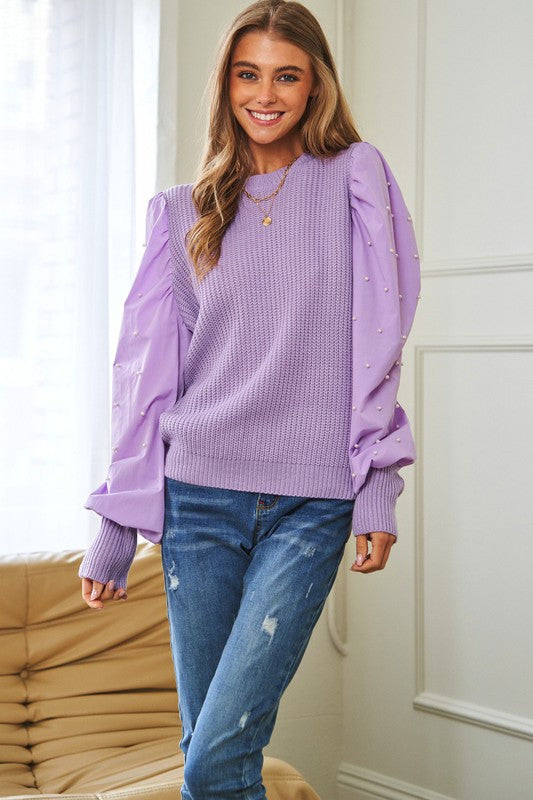 PEARL EMBELLISHMENTS CONTRAST SLEEVES SWEATER