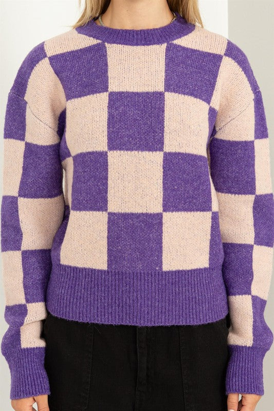 WEEKEND CHILLS CHECKERED LONG SLEEVE SWEATER