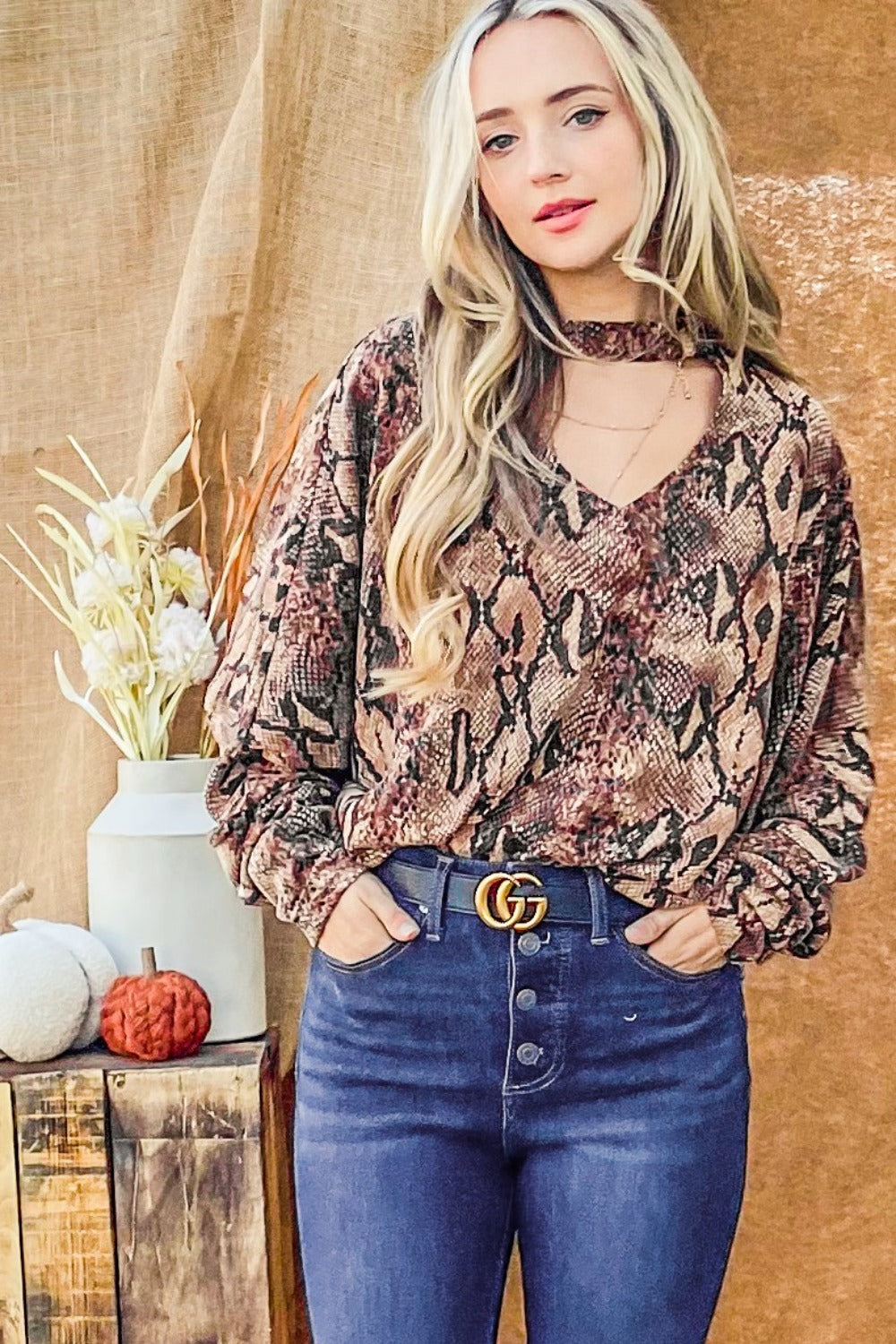 AND THE WHY CHOKER NECK DOLMAN SLEEVE SNAKE PRINT TOP