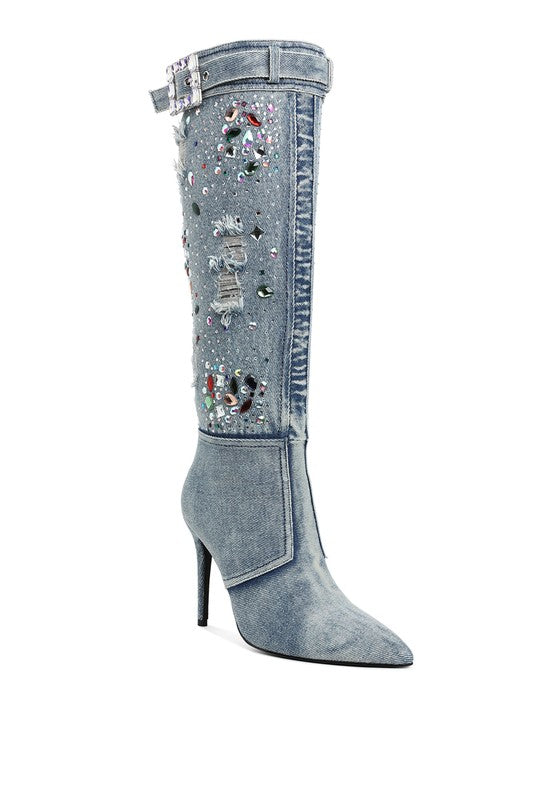 CORNIK MULTI COLOR STONES DENIM BOOTS