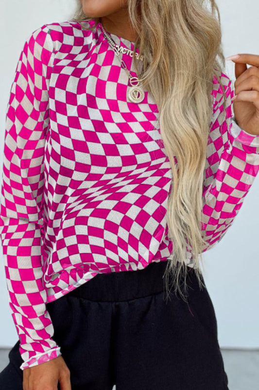 CHECKERED MOCK NECK LONG SLEEVE BLOUSE