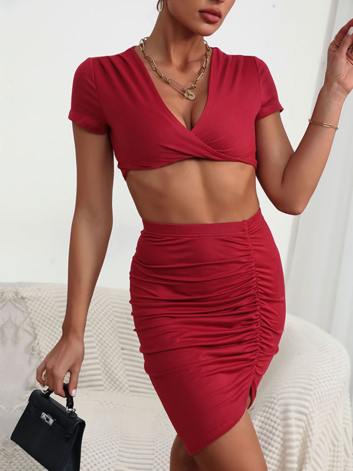 PERFEEE TWISTED DEEP V CROPPED TOP AND RUCHED SKIRT SET