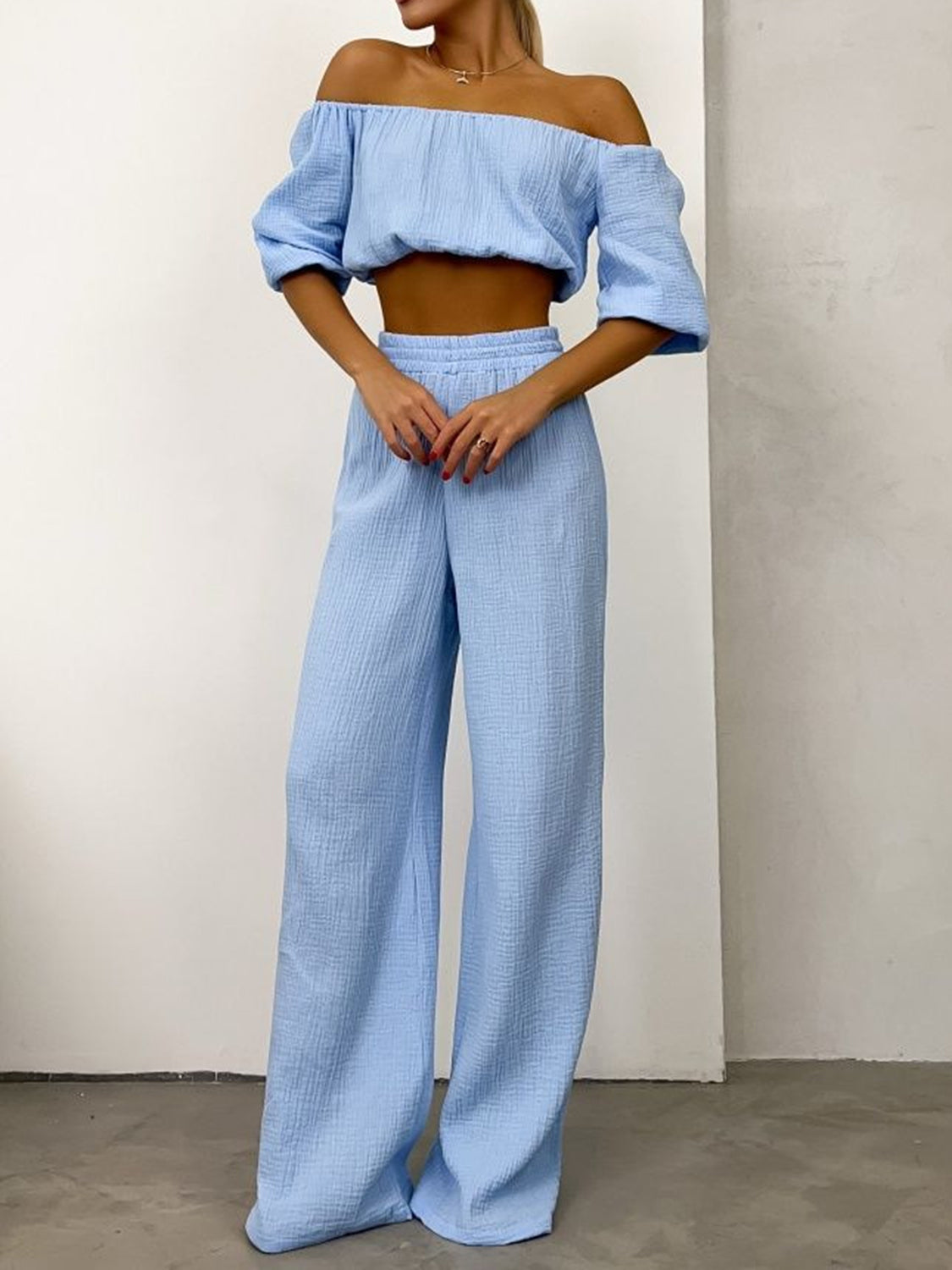OFF THE SHOULDER LONG SLEEVE TOP AND PANTS SET