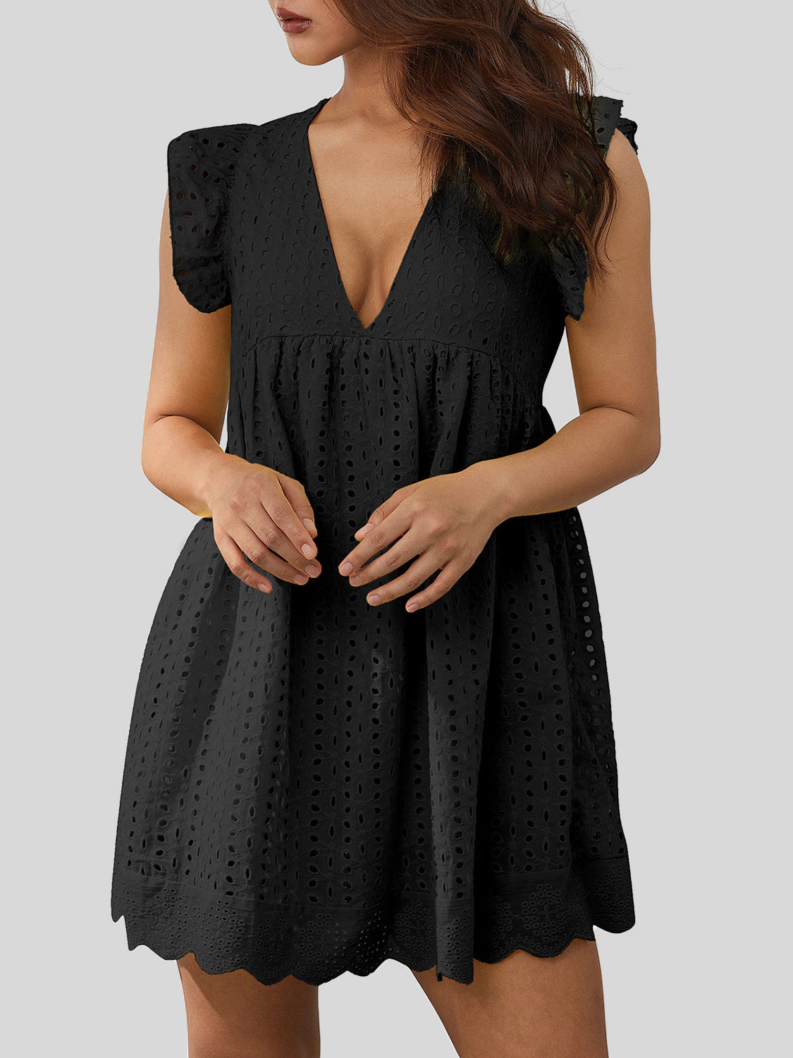 RUFFLED EYELET CAP SLEEVE MINI DRESS