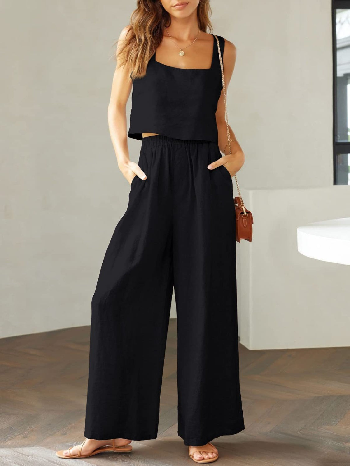 SQUARE NECK TOP AND WIDE LEG PANTS SET