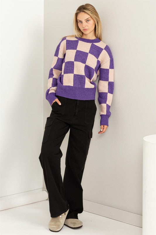 WEEKEND CHILLS CHECKERED LONG SLEEVE SWEATER