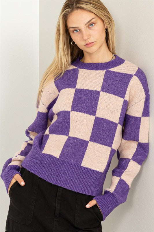 WEEKEND CHILLS CHECKERED LONG SLEEVE SWEATER