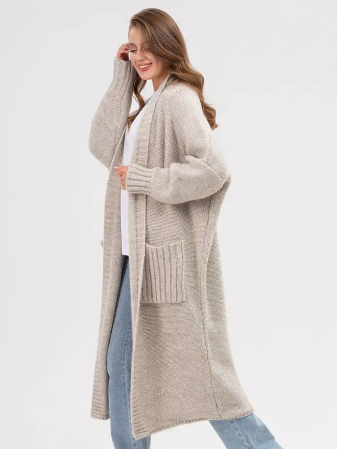 POCKETED OPEN FRONT LONG SLEEVE LONGLINE CARDIGAN