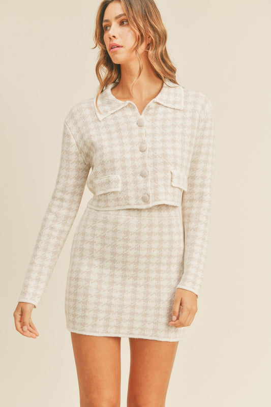 MABLE HOUNDSTOOTH CROPPED KNIT CARDIGAN AND MINI SKIRT SET