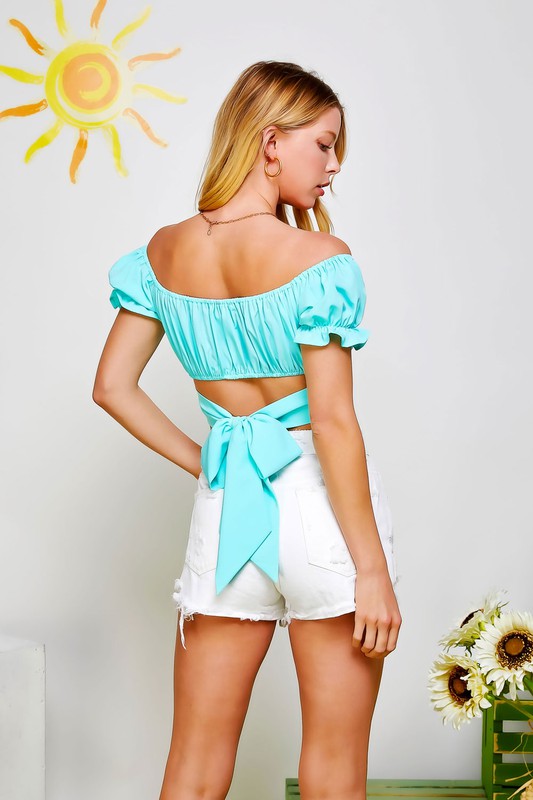 OFF SHOULDER PLEATED CROP TOP WITH BACK RIBBON TIE
