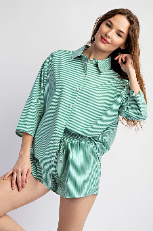 SOFT WOVEN STRIPED OVERSIZE SHIRT AND SHORTS SET