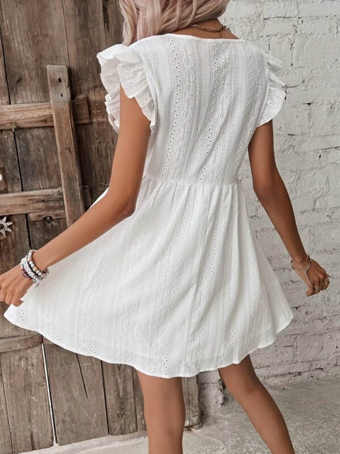 EYELET RUFFLED CAP SLEEVE MINI DRESS