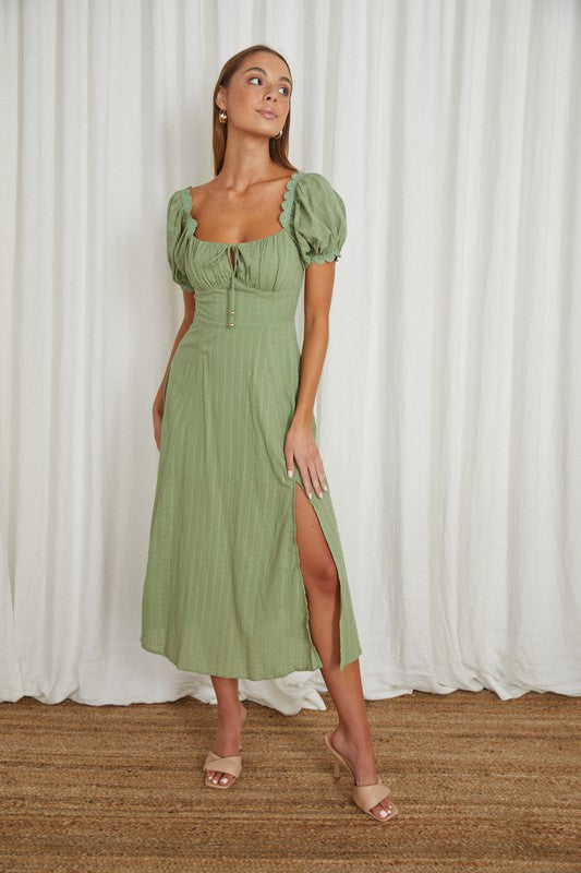 PUFF SLEEVE TIED FRONT MIDI DRESS