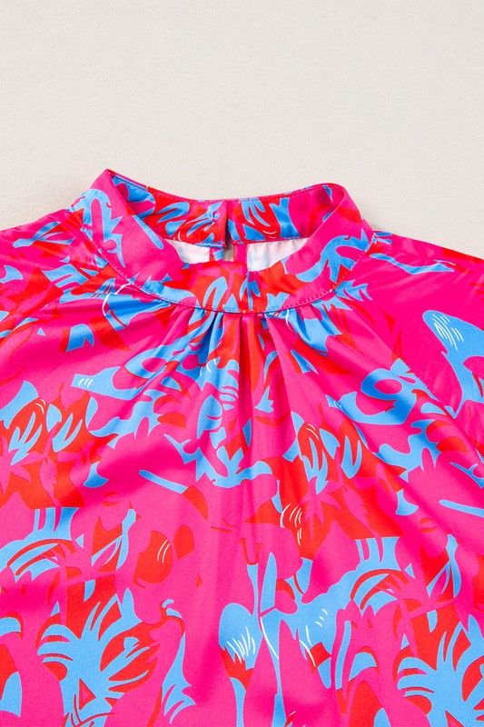 PRINTED BUBBLE SLEEVE MOCK NECK BLOUSE