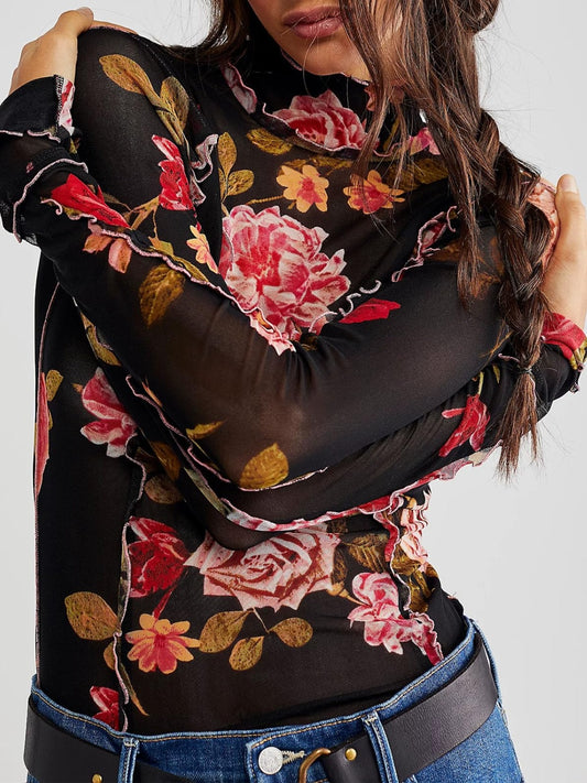 FLORAL MOCK NECK LONG SLEEVE TOP