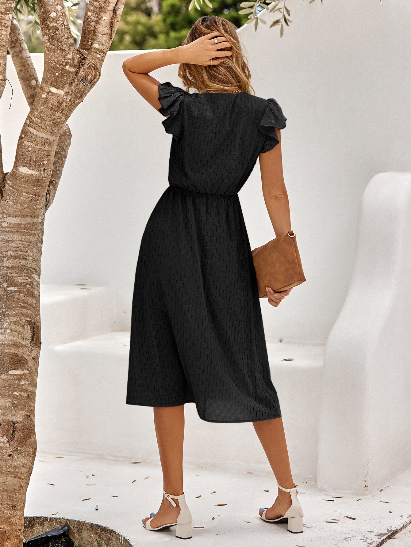 V-NECK FLUTTER SLEEVE MIDI DRESS