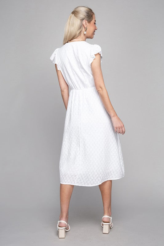 SHORT SLEEVE EMBROIDERED EYELET MIDI DRESS