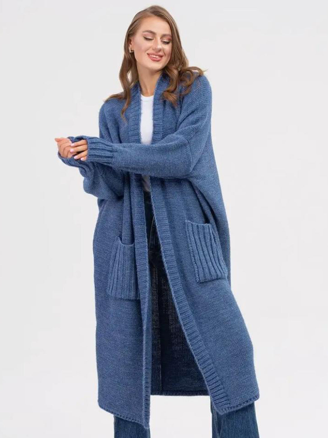 POCKETED OPEN FRONT LONG SLEEVE LONGLINE CARDIGAN