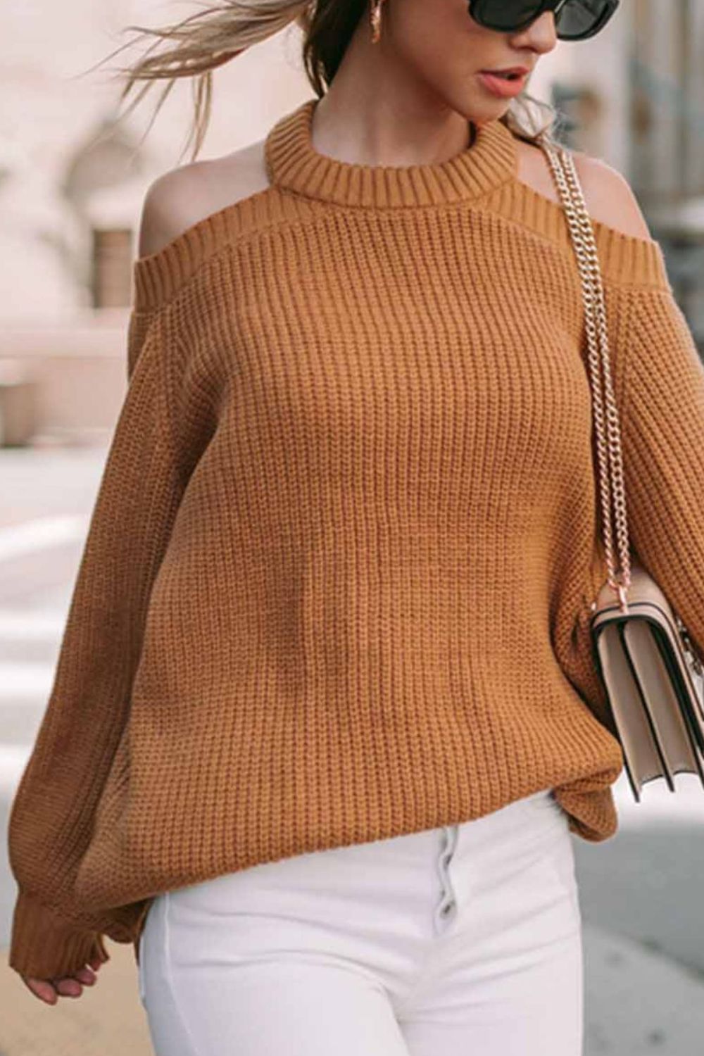 CUT-OUT BACK COLD SHOULDER LONG SLEEVE SWEATER