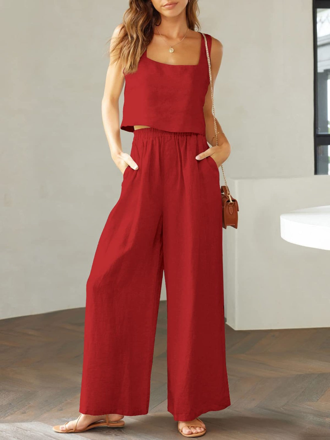 SQUARE NECK TOP AND WIDE LEG PANTS SET