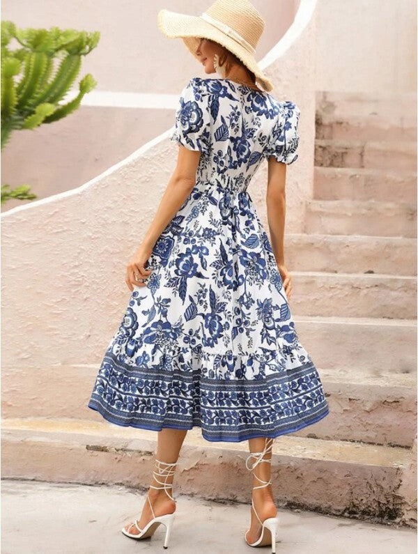 SHORT SLEEVE V NECK FLORAL MAXI DRESS