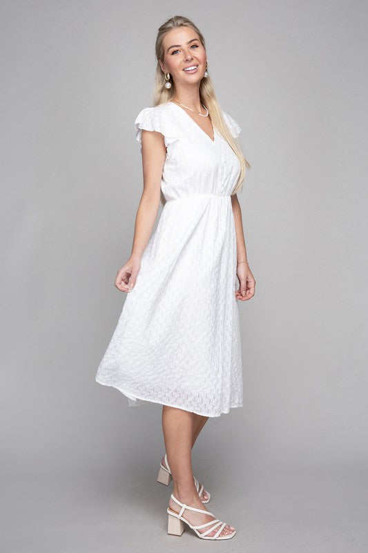 SHORT SLEEVE EMBROIDERED EYELET MIDI DRESS