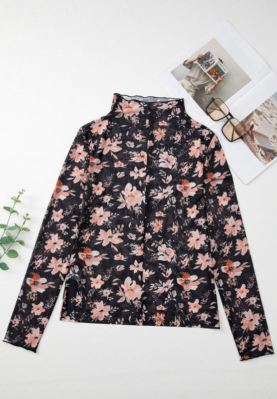 FLORAL MOCK NECK LONG SLEEVE TOP