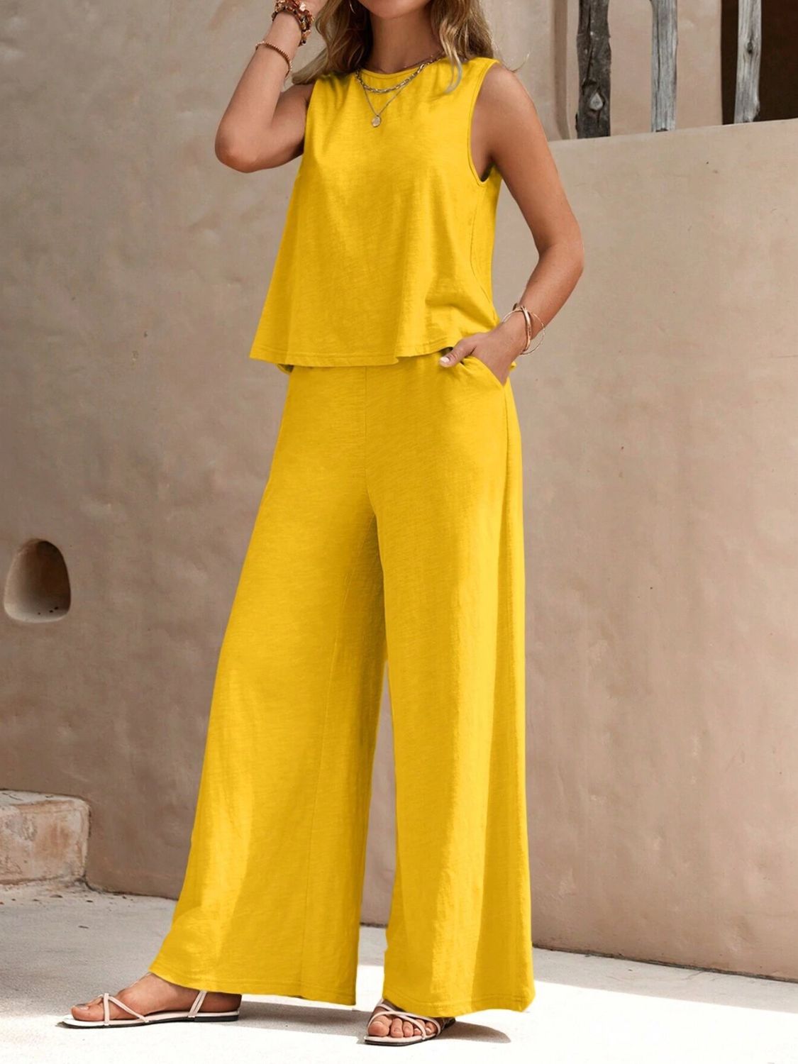 ROUND NECK SLEEVELESS TOP AND WIDE LEG PANTS SET