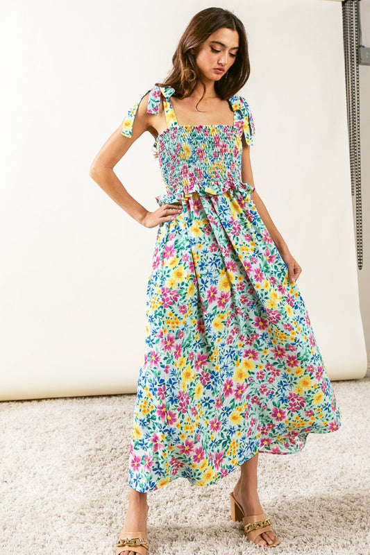 BIBI FLORAL RUFFLE TRIM SMOCKED CAMI DRESS