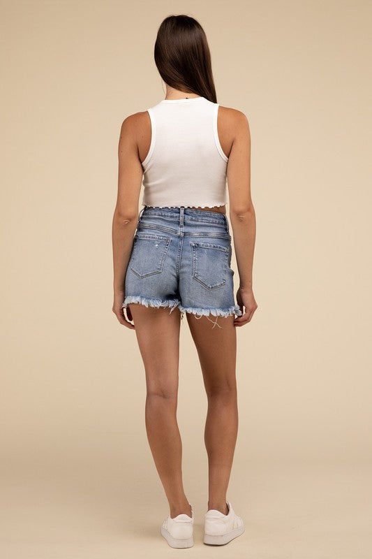 MID RISE RAW FRAYED HEM DENIM SHORTS