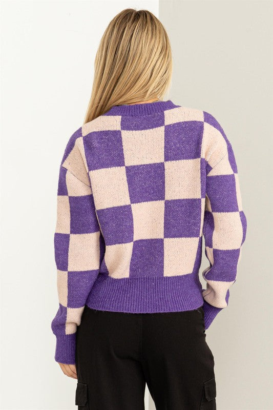 WEEKEND CHILLS CHECKERED LONG SLEEVE SWEATER